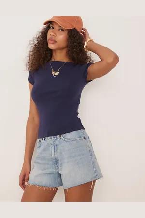 Gina Tricot Short sleeve boatneck slim fit rib top in dark blue