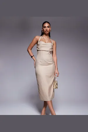 Kaiia Exclusive tailored drape bust detail halterneck open back midaxi dress in stone pinstripe