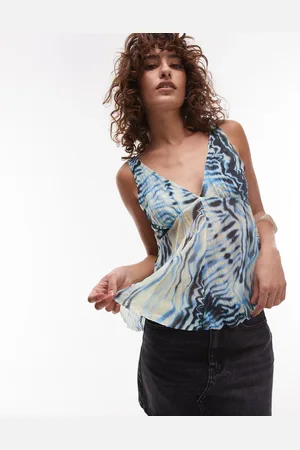 Topshop Crinkle mesh print v neck top in