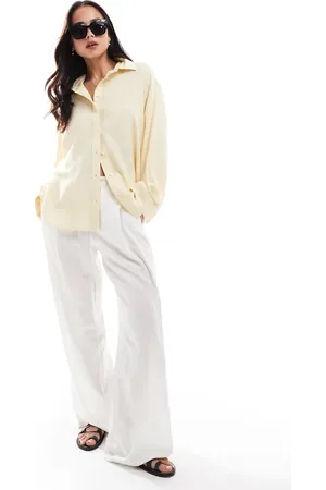 Stradivarius Linen look long sleeve shirt in buttermilk