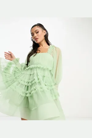 Lace & Beads Exclusive long sleeve smock mini dress in sage