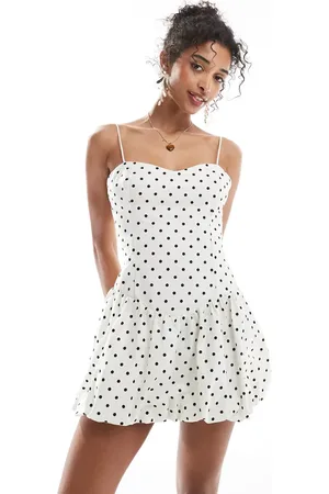 Bershka Puffball mini dress in ecru polka dot