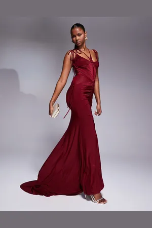ASOS Chiffon mesh evening dress with high low hem in burgundy
