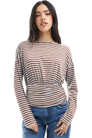ASOS Asymmetric one shoulder long sleeve top with cinch waist detail in stripe