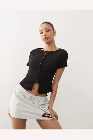 Reclaimed Textured slash neck button through top in