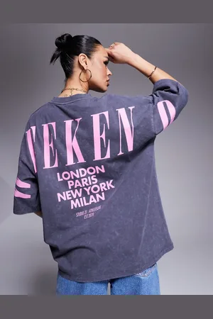 ASOS Weekend Collective Icon oversized short sleeve top with stacked back logo in washed and pink