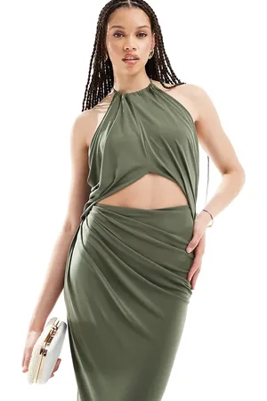 ASOS ASOS DESIGN Tall halter ruched midi dress with central cut out detail in soft khaki