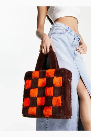 Jayley Faux fur check structured tote bag in brown and orange