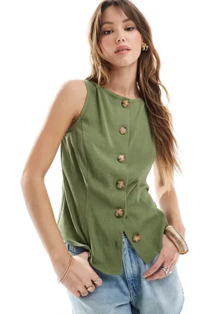 ASOS Linen look button front waistcoat in khaki
