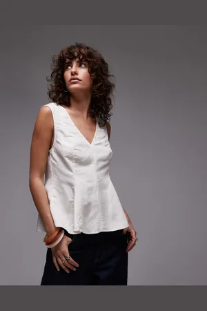 MANGO Linen mix v-neck peplum top in