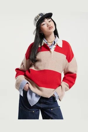 MANGO Polo jumper in beige and red stripe