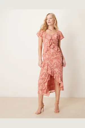 Pretty Lavish Ruffle jacquard midaxi dress in terracotta