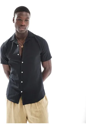 Only & Sons Linen mix revere collar shirt in black
