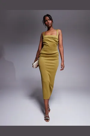 ASOS Scuba curved neckline midi dress with split in bronze