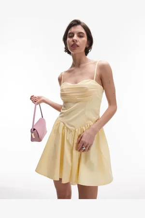 SNDYS Strappy poplin drape mesh bust sweetheart neck mini dress in buttercream