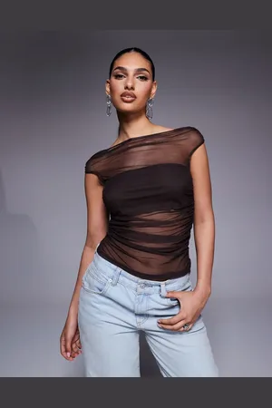 ASOS Gathered short sleeve off shoulder mesh top in chocolate