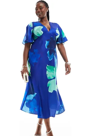 ASOS ASOS DESIGN Curve satin flutter sleeve midi dress in blue floral print