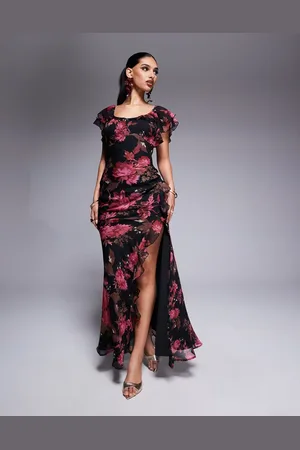 ASOS Ruffle flutter sleeve maxi dress with side split in pink floral print