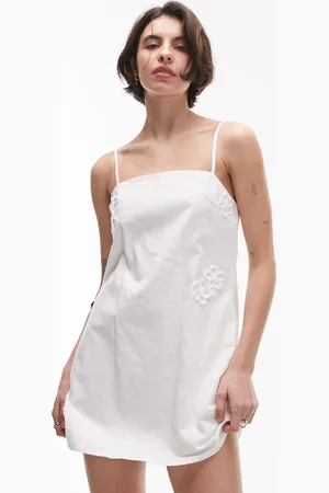SNDYS Linen blend flower applique cami strap square neck mini dress in