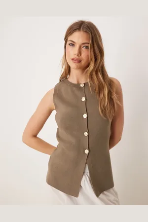 ASOS Knitted crew neck structured waistcoat with gold buttons in mocha