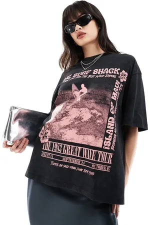 ASOS Oversized t-shirt with surf shack graphic in washed charcoal