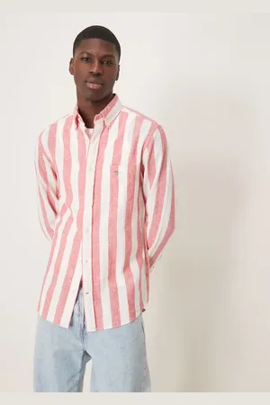 GANT Shield logo cotton linen/cotton bold stripe shirt in brick