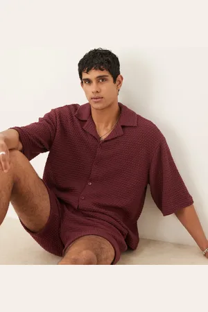 ASOS Oversized half sleeve crochet shirt in burgundy co ord