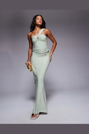 Fashionkilla Double sculpted slinky wrap drape metal shell detail maxi skirt co-ord in sage