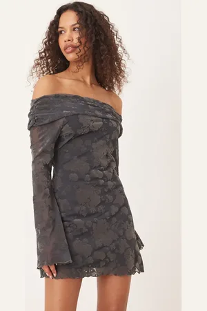 ASOS Off shoulder flocked bardot mini dress in petrol