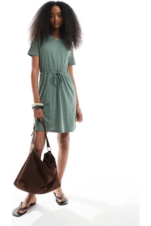 VERO MODA Tie waist jersey mini dress in khaki