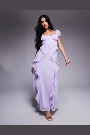 ASOS Gathered sleeve midi dress with ruffles in lilac