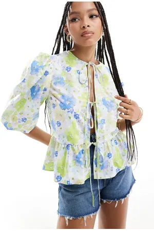 ASOS Peplum tie shirt top in green & blue floral