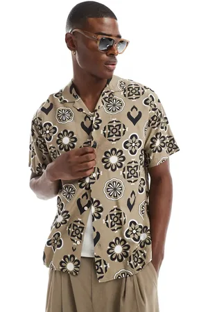 JACK & JONES Revere collar geo short sleeve shirt in beige