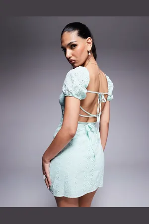 Princess Polly Broderie puff sleeve open tie back mini dress in turquoise
