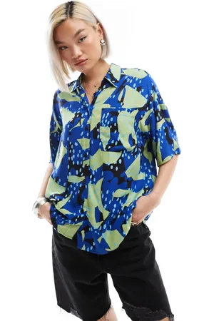 Monki Short sleeve boxy shirt in blue and green collage print
