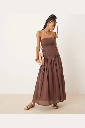 ASOS Dropped waist bandeau maxi dress with lace up side in chocolate