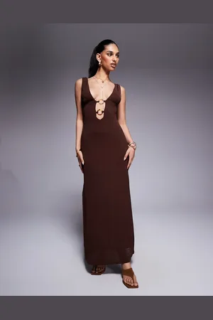 Princess Polly Plunge neck ring detail maxi dress in chocolate