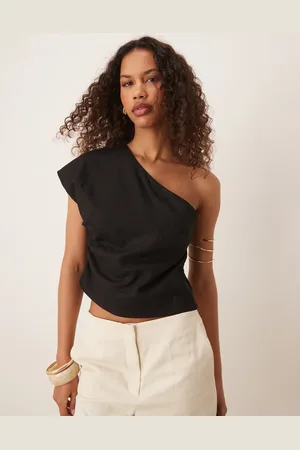 MANGO One shoulder cinched waist top in