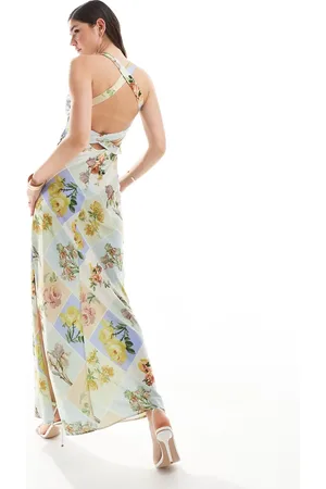 ASOS Satin wide neck cross back strap maxi dress in postcard print
