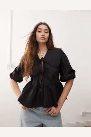 Monki Long sleeve frill collared peplum blouse in