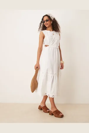 MANGO Embroidered midi dress with cut out side detail in