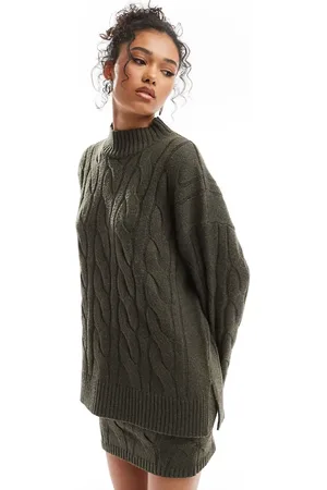 Pretty Lavish Cable knit roll neck jumper co-ord in olive