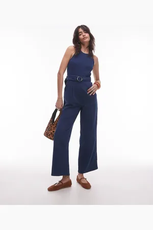 MANGO Straight leg denim jumpsuit with belt detail in indigo