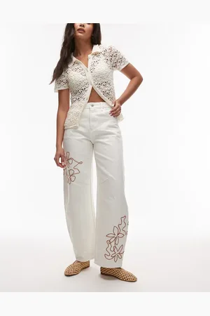 Topshop Barrel jean with red embroidery in ecru