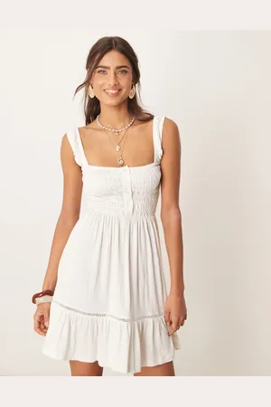 ASOS Ruched square neck tiered mini dress with lace inserts in