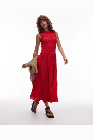 MANGO Shirred body dropped waist midi dress in