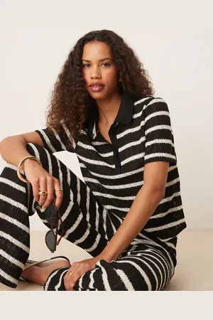 JDY Crochet polo co-ord in & white stripes