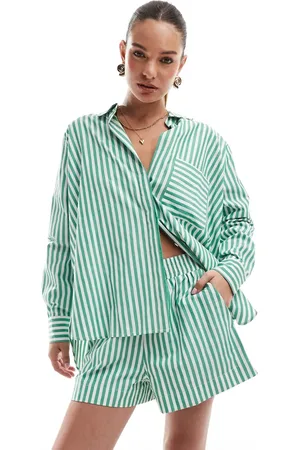 French Connection Stripe popover button shirt co-ord in green and white