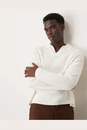ASOS Super oversized boxy fit fishermen rib knitted notch neck jumper in ecru