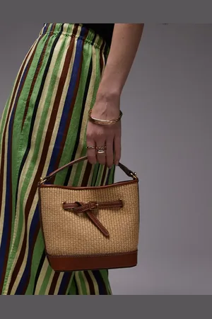 MANGO Woven structured bucket bag with buckle detail in tan